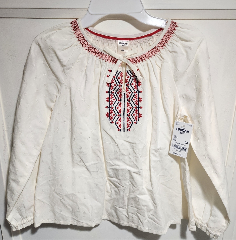 OshKosh B'gosh Cream Top with Red Embroidery Kids Size 6X New With Tag